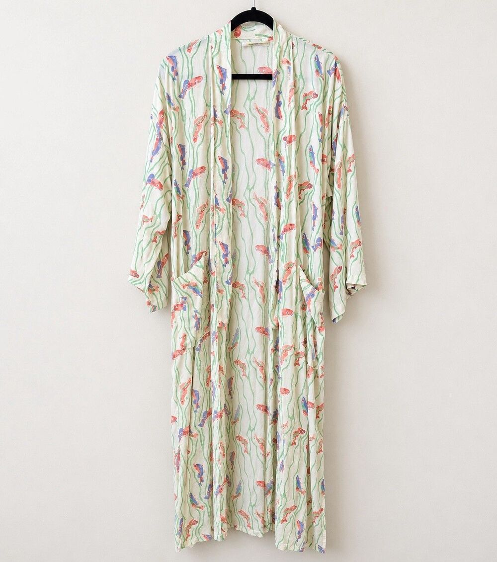 Natalie Martin Diane Kimono Robe L Pisces Koi Fish Print Rayon Belted Duster